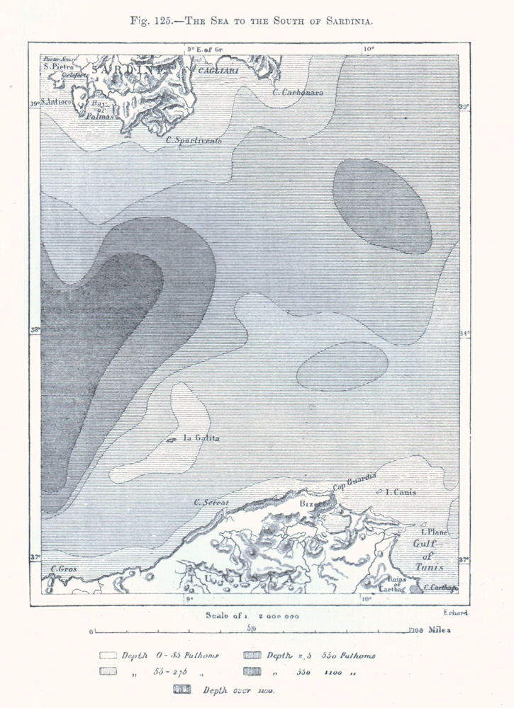 The Sea to the South of Sardinia. Tunisia. Mediterranean. Sketch map 1885